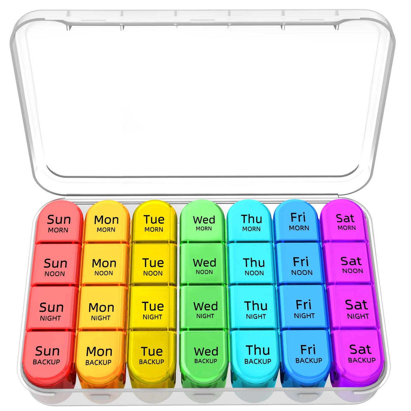 Zoksi Weekly Pill Organizer 4 Times a Day, 7 Day Pill Box, Large Travel Pill Case, Daily Medicine Organizer Container with 28 Portable Compartments for Fish Oils, Vitamins or Supplements (Rainbow)