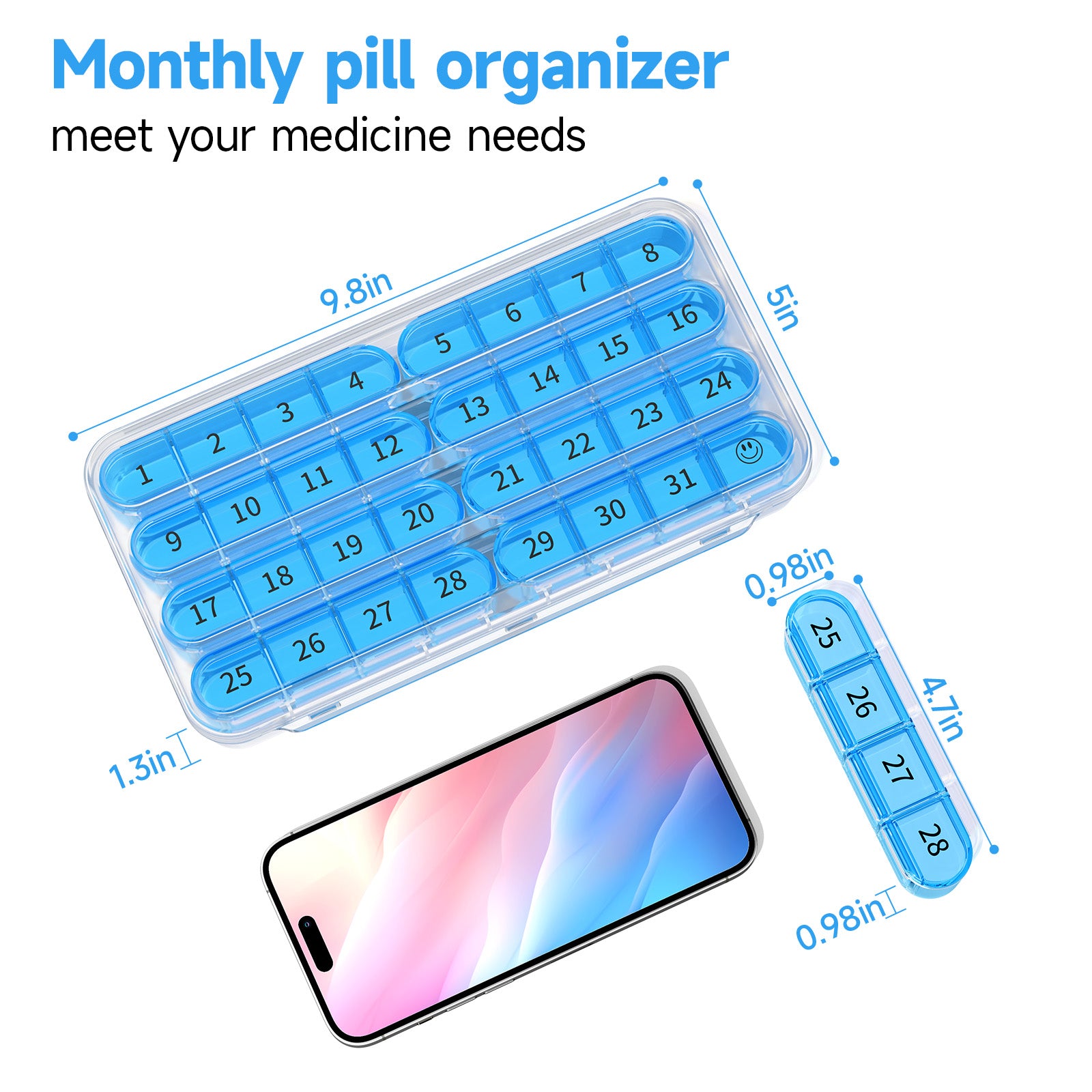 Zoksi Monthly Pill Organizer 1 Time a Day, 30 Day Pill Box Organizer Once a Day, One Month Large Pill Case for Travel, 31 Day Daily Medcine Container for Vitamins, Supplement & Medication